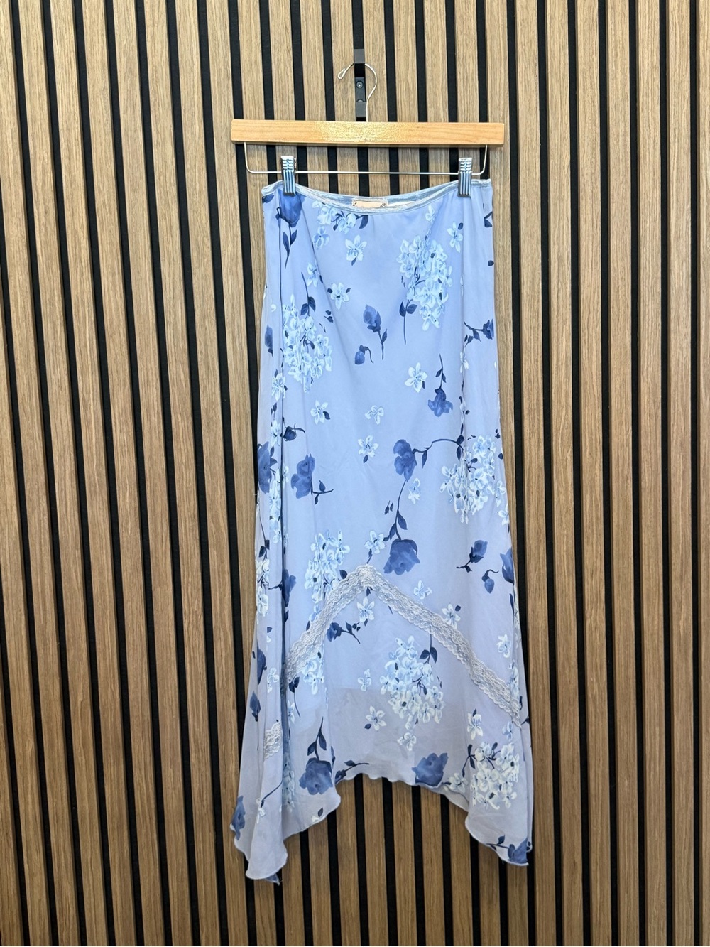 Light Blue Floral Midi Skirt with Lace Trim